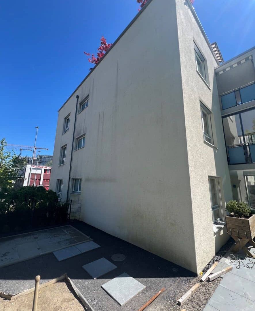 fassade sanieren warnzeichen, Algen und Verschmutzungen an einer Hausfassade