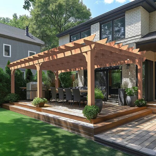 Moderne Terrasse mit Pergola und Sitzbereich im Garten