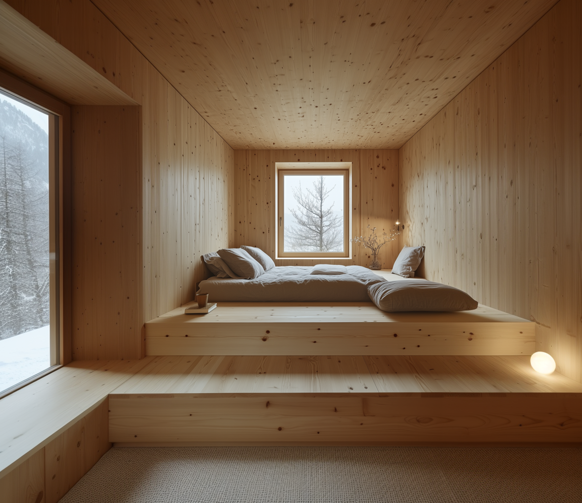 Schlafzimmer mit Holzausbau und Blick in die winterliche Natur